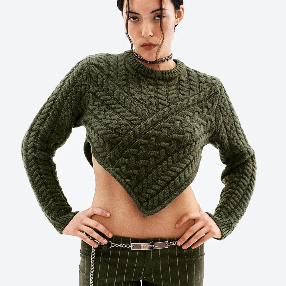 Miaou Olive Green Cable-Knit Cropped Sweater